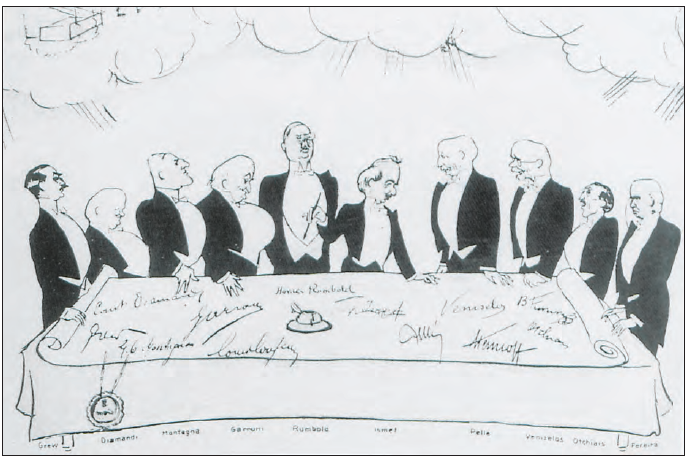 Karikatürist Derso ve Kelin’in Lozan Barış Antlaşması’nın imzalanmasını gösteren karikatürü