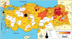 Harita 4.10 Türkiye'de iller bazında meydana gelen su baskınları ve bu afetlerde yaşanan yaklaşık can kaybı (AFAD, 1900-2013)