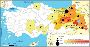 Harita 4.11 Türkiye'de iller bazında gerçekleşen çığ sayıları ve bu çığlarda yaşanan yaklaşık can kaybı (AFAD, 1900-2013)