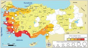 Harita 4.12 Türkiye'de iller bazında gerçekleşen orman yangınları ve bu yangınlarda tahrip olan yaklaşık alan (AFAD, 1900-2013)
