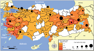 Harita 4.4 Türkiye'de iller bazında gerçekleşen depremlerin sayısı ve bu depremlerde yaşanan yaklaşık can kaybı (AFAD, 1900-2013)