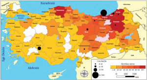 Harita 4.8 Türkiye'de iller bazında gerçekleşen heyelan sayıları ve bu heyelanlarda yaşanan yaklaşık can kaybı (AFAD, 1900-2013)
