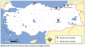 Harita 2.18 Türkiye'de bulunan bakır yataklarının dağılımı (MTA)