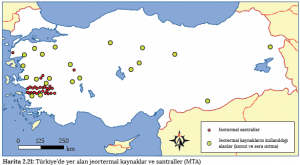 Harita 2.21 Türkiye'de yer alan jeortermal kaynaklar ve santraller (MTA)