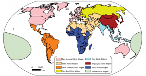 Harita 3.2 Dünyadaki büyük kültür bölgeleri (Tümertekin, E., 2016)